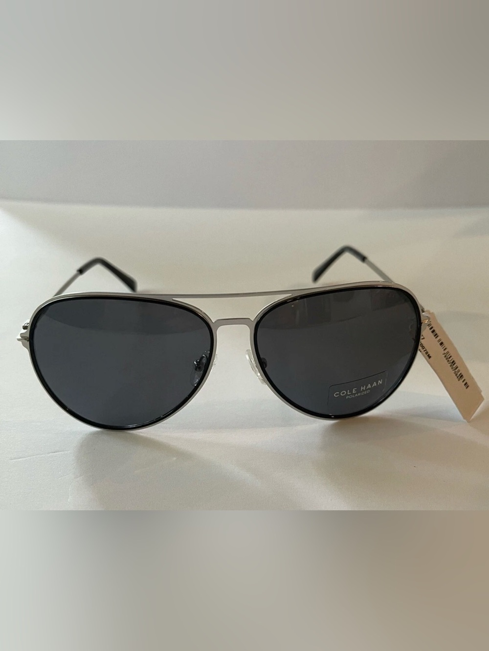 Cole Haan Polarized Aviator Sunglasses Silver Frame Black Lens CH8007 60/14/140